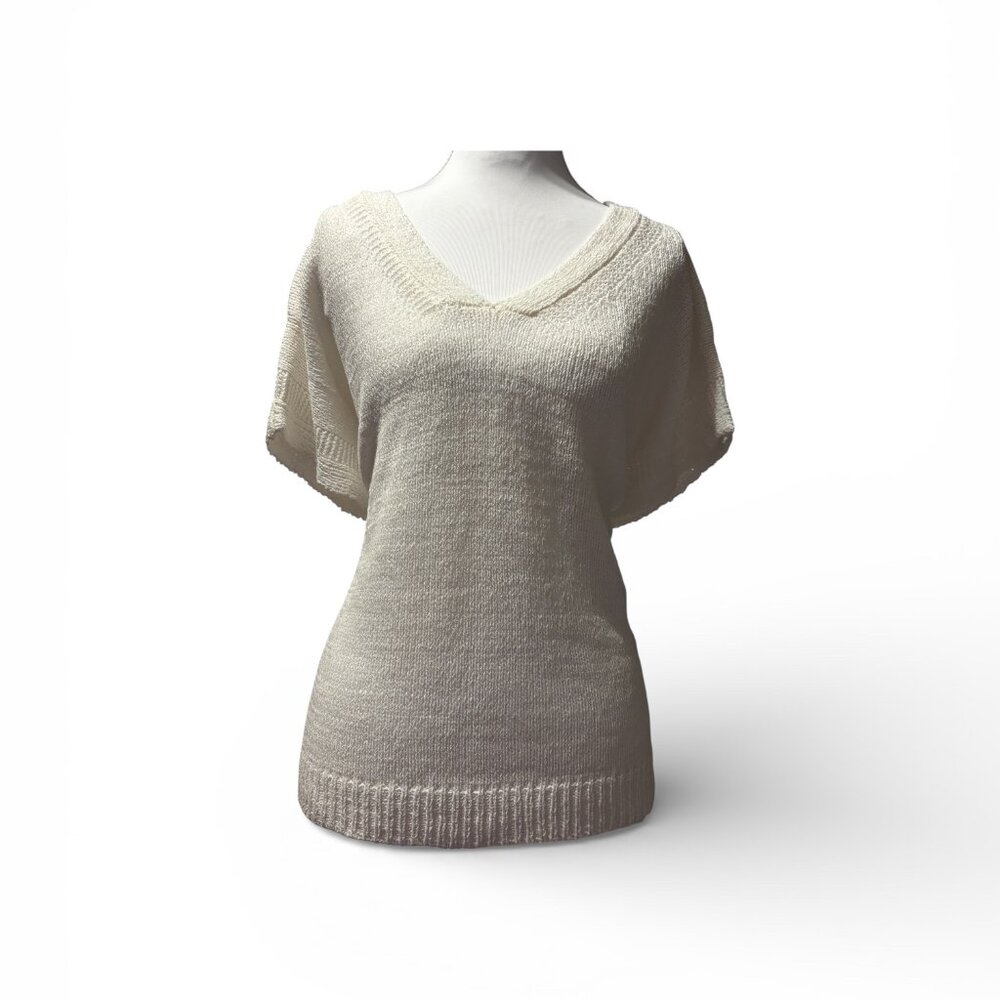 Melissa Paige V-Neck Sweater XL Snow White Knit Short Sleeve Boxy Oversized Chic